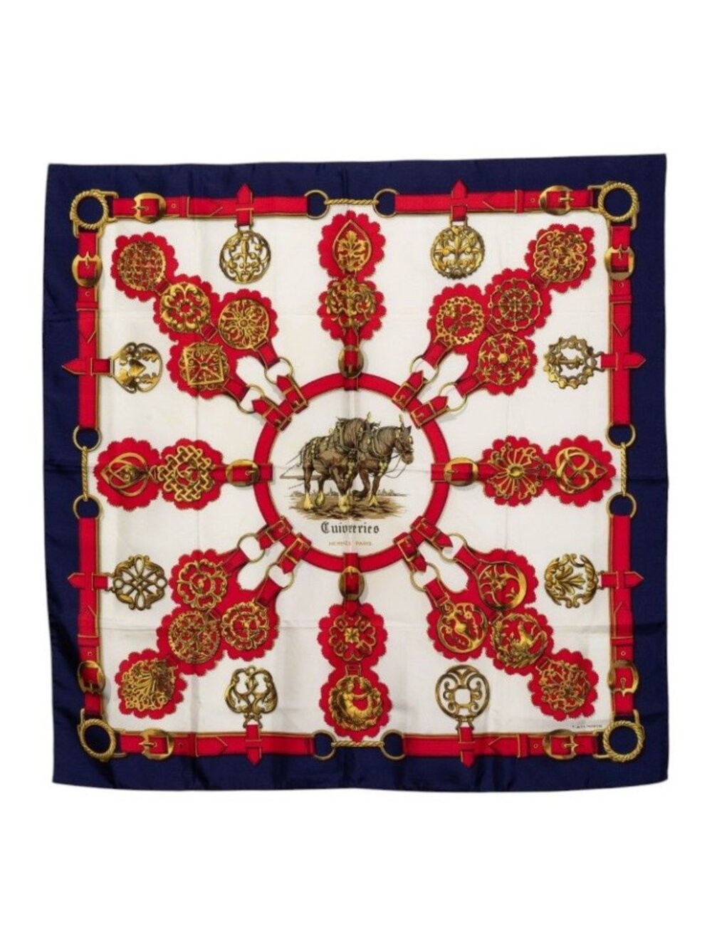 Hermes Carre 90 Cuivreries Copperwork Scarf Navy Red White Silk